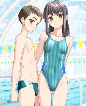 1boy 1girl absurdres age_difference aqua_one-piece_swimsuit black_eyes black_hair breasts commentary_request competition_swimsuit covered_navel glass_ceiling green_eyes green_male_swimwear groin highleg highleg_one-piece_swimsuit highres indoors logo male_swimwear medium_hair one-piece_swimsuit onee-shota original pool short_hair small_breasts string_of_flags striped_clothes striped_one-piece_swimsuit swim_briefs swimsuit takafumi thigh_gap variant_set