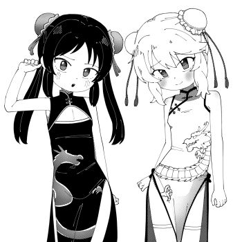 Rule 34 | 2girls, alternate costume, arm up, blush, breasts, bun cover, china dress, chinese clothes, closed mouth, clothing cutout, contrapposto, double bun, dress, greyscale, hair bun, highres, hip vent, idolmaster, idolmaster cinderella girls, idolmaster cinderella girls u149, looking at viewer, low twintails, medium hair, monochrome, multiple girls, sakurai momoka, samename111, sidelocks, simple background, sleeveless, sleeveless dress, small breasts, smile, tachibana arisu, thighhighs, twintails
