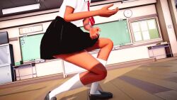1girl 3d animated artist_request ass ass_shake blush breasts brown_hair classroom dancing dark-skinned_female dark_skin female_focus full_body highres mikumikudance_(medium) mizuki_yukikaze mizuki_yukikaze_(future) panties pink_eyes school school_uniform shiny_skin shoes simple_background skirt small_breasts socks solo sound standing taimanin_(series) taimanin_rpgx taimanin_yukikaze underwear video white_panties wide_hips
