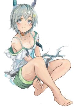 1girl animal_ears bare_shoulders blue_eyes blush breasts choker cleavage closed_mouth collarbone dress ear_covers flower green_sailor_collar green_shorts grey_hair hair_between_eyes hair_flower hair_ornament hairclip horse_ears horse_girl horse_tail looking_at_viewer sailor_collar seiun_sky_(reeling_in_the_big_one)_(umamusume) seiun_sky_(umamusume) short_hair shorts simple_background single_ear_cover small_breasts solo sunflower sunflower_hair_ornament tail umamusume white_background white_dress yanagi_wakana yellow_choker