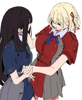 2girls absurdres atenaba black_dress black_hair blonde_hair blue_dress blue_ribbon breasts closed_eyes dress grey_dress hair_ribbon hand_on_another's_shoulder highres holding_hands inoue_takina interlocked_fingers large_breasts long_hair looking_at_another lycoris_recoil lycoris_uniform multiple_girls neck_ribbon nishikigi_chisato open_mouth purple_eyes red_ribbon ribbon short_hair short_sleeves simple_background white_background