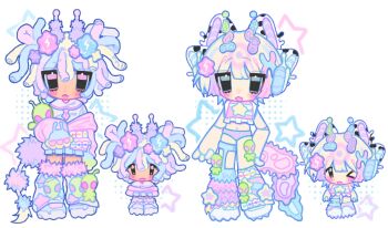 2others adoptable alien animal_ears chibi colorful commentary crop_top cyber_fashion english_commentary headphones heisei_retro highres jacket jitome leg_warmers looking_at_viewer multicolored_hair multiple_others multiple_views original other_focus panties pastel_colors school_uniform serafuku shoes short_hair simple_background standing star_(symbol) underwear white_background yukiecookii yume_kawaii