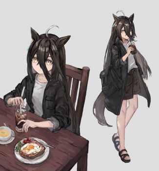 1girl absurdres ahoge animal_ears bag black_bag black_eyeliner black_hair black_jacket black_sandals black_shorts bread bread_slice chair coffee collarbone commentary_request cup denim denim_shorts drink drinking_glass drinking_straw egg_(food) eyelashes eyeliner food fork full_body hair_between_eyes highres horse_ears horse_girl horse_tail ice iced_coffee jacket long_bangs long_sleeves makeup manhattan_cafe_(umamusume) multicolored_hair on_chair open_clothes open_jacket plate rokojii sandals shirt shorts sidelocks simple_background solo soup streaked_hair table tail thighs toast umamusume white_background white_hair white_shirt wooden_chair wooden_table yellow_eyes