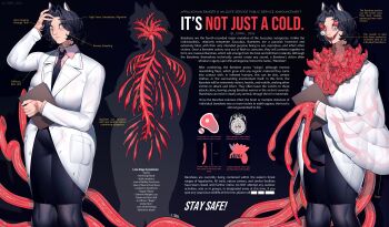 Rule 34 | 1girl, absurdres, black hair, black pantyhose, black skirt, breasts, commentary, crrn, english text, eyeball, highres, lab coat, large breasts, leucochloridium paradoxum, looking at viewer, monster, original, pantyhose, sharp teeth, skirt, solo, symbol-only commentary, teeth, tentacles, veins