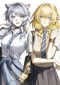 Rule 34 | 2girls, aglaea (honkai: star rail), alternate costume, animal ears, ara 200117, bag, black choker, blonde hair, blue eyes, breasts, brown cardigan, cardigan, cat ears, cat tail, chimera (honkai: star rail), choker, chrysos heirs school uniform, cipher (honkai: star rail), commentary, green eyes, grey hair, grey skirt, highres, honkai: star rail, honkai (series), large breasts, laurel crown, looking at viewer, multiple girls, necktie, open mouth, school bag, school uniform, shirt, short hair, short hair with long locks, simple background, skirt, striped clothes, striped necktie, tail, untranslatable commentary, white background, white shirt