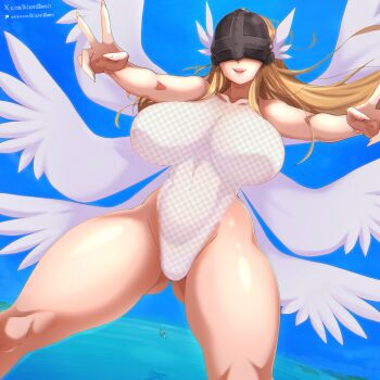 1girl angel angel_wings angewomon blue_background blue_sky covered_eyes cowboy_shot dclaret digimon digimon_(creature) head_wings helmet helmet_over_eyes highres midair multiple_wings ocean sky solo swimsuit white_wings wings