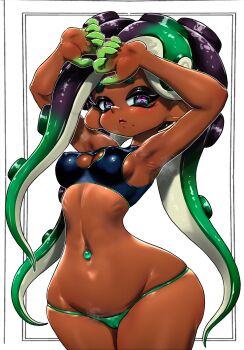 1girl aqua_eyes armpits arms_up bikini black_bikini black_hair breasts cameltoe cephalopod_eyes character_name cleavage cleavage_cutout clothing_cutout collarbone colored_extremities commentary_request covered_erect_nipples cowboy_shot dark-skinned_female dark_skin gem gradient_hair green_bikini green_eyes green_gem green_hair highres koharu2.5 linea_alba long_hair looking_at_viewer marina_(splatoon) medium_breasts mole mole_under_mouth multicolored_hair narrow_waist navel navel_piercing nintendo piercing pink_pupils red_lips simple_background solo splatoon_(series) splatoon_2 steaming_body stomach suction_cups swimsuit thick_eyebrows thighs underboob very_long_hair white_background wide_hips