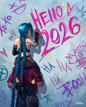 Rule 34 | 2026, 2girls, absurdly long hair, arcane: league of legends, arcane jinx, arcane vi, arm tattoo, artist name, asymmetrical bangs, bare shoulders, belt, black belt, black boots, black gloves, black shirt, blue hair, blue nails, boots, braid, carrying, character name, cloud tattoo, commentary, crop top, drawing (object), english commentary, english text, facing away, fingerless gloves, fingernails, fold-over boots, from behind, gloves, graffiti, heart, highres, holding, holding spray can, jacket, jinx (league of legends), league of legends, long fingernails, long hair, midriff, multiple girls, nail polish, nikola (nikkotari), pants, pink jacket, purple pants, shirt, shoulder carry, siblings, sisters, spray can, spray paint, tattoo, twin braids, very long hair, vi (league of legends)