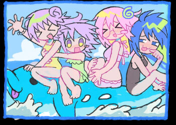 >_< 4girls :3 alternate_costume blue_eyes blue_hair blue_sky blush_stickers cloud cloudy_sky dolphin fang hiiragi_kagami hiiragi_tsukasa izumi_konata lucky_star melps multiple_girls ocean pink_hair purple_eyes purple_hair sky swimsuit takara_miyuki waves