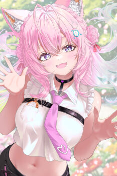 1girl absurdres animal_ear_fluff animal_ears antenna_hair bare_arms bare_shoulders black_choker blue_eyes blush braid breast_pocket breasts choker clock crop_top double_bun floating_hair frilled_shirt frills hair_bun hair_ornament hakui_koyori hands_up hexagon_hair_ornament highres hololive long_hair looking_at_viewer medium_breasts midriff nanaki24 navel necktie open_hand open_mouth pink_hair pink_necktie pocket pocket_watch purple_eyes shirt sleeveless sleeveless_shirt smile solo stomach tongue tongue_out upper_body virtual_youtuber watch white_shirt wolf_ears wolf_girl