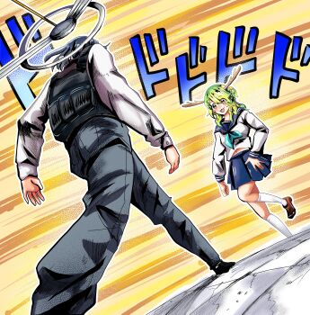 2girls :3 :d absurdres antlers aqua_neckerchief blue_hair blue_sailor_collar blue_skirt brown_footwear bulletproof_vest ceres_fauna commentary cosplay dodododo english_commentary green_hair grey_pants halo highres hololive hololive_english horns jojo_no_kimyou_na_bouken jojo_pose jojo_reference loafers long_sleeves looking_at_another mechanical_halo meme menacing_(jojo) miku_(mikururun) multiple_girls neckerchief nichijou oh?_you&#039;re_approaching_me?_(meme) open_mouth ouro_kronii outline pants pleated_skirt praetor_suit principal_(nichijou) principal_(nichijou)_(cosplay) sailor_collar scene_reference shikanoko_noko shikanoko_noko_(cosplay) shikanoko_nokonoko_koshitantan shirt shoes skirt smile socks sound_effects standing standing_on_one_leg tactical_clothes virtual_youtuber white_outline white_shirt white_socks