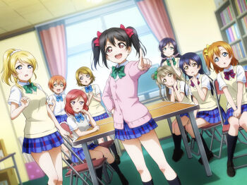 6+girls anime_coloring asymmetrical_bangs ayase_eli black_hair black_shoes black_socks blonde_hair bloom blue_bow blue_bowtie blue_eyes blue_hair blue_skirt blunt_bangs blush book bookshelf bow bowtie breasts brown_hair brown_sweater_vest cardigan ceiling ceiling_light chair clenched_hands closed_mouth clubroom collared_shirt curtains day diagonal-striped_bow diagonal-striped_bowtie diagonal-striped_clothes dress_shirt dutch_angle elbow_rest feet_out_of_frame folding_chair full_body furrowed_brow green_bow green_bowtie green_eyes hair_between_eyes hair_bow hair_ornament hair_scrunchie hand_on_own_cheek hand_on_own_chin hand_on_own_face hand_on_own_hip hand_up hands_on_own_cheeks hands_on_own_face hands_up head_rest head_tilt highres hoshizora_rin indoors jitome kneehighs koizumi_hanayo kosaka_honoka large_breasts loafers long_hair long_sleeves looking_at_another looking_at_viewer love_live! love_live!_school_idol_festival_all_stars love_live!_school_idol_project low_twintails medium_hair minami_kotori miniskirt monitor multiple_girls multiple_monitors nishikino_maki official_art on_chair one_side_up open_mouth orange_hair otonokizaka_school_uniform outstretched_arm own_hands_together pink_cardigan pink_nails pink_scrunchie plaid_clothes plaid_skirt pleated_skirt pointing pointing_at_viewer pointing_forward pointing_up ponytail purple_eyes purple_hair raised_inner_eyebrows red_bow red_bowtie red_eyes red_hair school_uniform scrunchie shirt shoes short_hair short_sleeves sitting skirt smile smug socks sonoda_umi standing striped_bow striped_bowtie striped_clothes summer_uniform sunlight surprised sweat sweatdrop sweater_vest table tareme teeth thighhighs tile_ceiling tiles tojo_nozomi twintails upper_teeth_only v-shaped_eyebrows white_scrunchie white_shirt white_thighhighs window yazawa_nico yellow_bow yellow_eyes