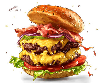 absurdres adobe_fresco_(medium) artist_name bacon bread bread_bun burger cheese commentary_request dated food food_focus highres lettuce meat no_humans onion_slice original pickle sesame_seeds simple_background tainosuke tomato tomato_slice white_background