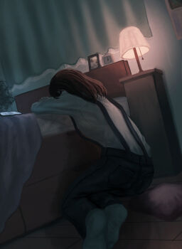 1girl absurdres analog_clock barefoot bed bedroom black_pants calendar_(object) cellphone clock commentary_request crossed_arms curtains headboard highres kneeling kyano_(kyanora3141) lamp leaning_on_object medium_hair original pants phone picture_frame pillow red_hair shirt smartphone solo suspenders white_shirt wooden_floor