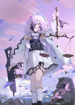 Rule 34 | 1girl, absurdres, atsuko (blue archive), black shoes, blue archive, blush, broken mask, bulletproof vest, commentary request, cz scorpion evo 3, dress, field, flower, flower field, gun, highres, holding, holding gun, holding weapon, mask, shoes, submachine gun, umiwashi, weapon