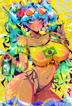 1girl absurdres bangle bracelet brazilian_flag brazilian_flag_print brazilian_miku dark_skin defaultz earrings eyewear_on_head flag_print flower gold_earrings green_eyes green_hair hair_flower hair_ornament hatsune_miku highres jewelry long_hair navel_piercing necklace piercing sharp_teeth solo tattoo teeth thong twintails vocaloid