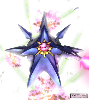 Rule 34 | beam weapon, colored skin, commentary request, energy sword, explosion, funnels (gundam), gem, gen 1 pokemon, gundam, gundam seed, highres, holding, holding weapon, long legs, mecha, mega pokemon, mega starmie, nintendo, no humans, pokemon, pokemon (creature), pokemon focus, providence gundam, purple skin, red gemstone, robot, shield, soezy, starfish, starmie, sword, weapon
