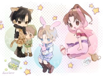 Rule 34 | 1girl, 3boys, animal ears, artist name, black hair, blue eyes, boots, brown hair, commentary request, fake whiskers, feather boa, gakuen alice, genie, hano luno, hat, highres, hyuuga natsume, multiple boys, nogi ruka, pants, parted bangs, pink pants, ponytail, purple sash, rabbit ears, sakura mikan, sash, short hair, shorts, smile, star (symbol), veil, whiskers