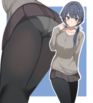 1girl black_pantyhose blue_background blue_hair blue_ribbon border breasts collarbone commentary_request grey_shirt grey_skirt hair_ribbon large_breasts link!_like!_love_live! love_live! low_twintails lying miniskirt mole mole_on_neck mtu_virus multiple_views murano_sayaka murano_sayaka_(winter_casual) official_alternate_costume on_back outline panties pantyhose pantyshot pleated_skirt ribbon shirt simple_background skirt soyo1558686 twintails underwear virtual_youtuber white_border white_outline white_panties