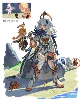 1boy 2girls 2others abyss_mage_(genshin_impact) aether_(genshin_impact) aged_down aged_up ahoge among_us beach black_boots black_gloves black_pants black_shirt blonde_hair blue_(among_us) blue_cape boots braid braided_ponytail bright_pupils cape chain commentary crab crewmate_(among_us) crop_top crossover detached_sleeves english_commentary fingerless_gloves game_screenshot_inset genshin_impact gloves gold_trim grandaloe grey_eyes hair_between_eyes hair_ornament halo hand_up high_heel_boots high_heels highres holding holding_hands holding_stick instagram_logo instagram_username long_hair long_sleeves looking_at_another lumine_(genshin_impact) multiple_girls multiple_others on_rock open_mouth outdoors paimon_(genshin_impact) pants red_(among_us) reference_inset rock role_reversal romper sand scarf shirt single_thighhigh sitting smile star_(symbol) star_hair_ornament stick teeth thighhighs upper_teeth_only water white_boots white_gloves white_hair white_pupils white_romper white_scarf white_thighhighs yellow_eyes