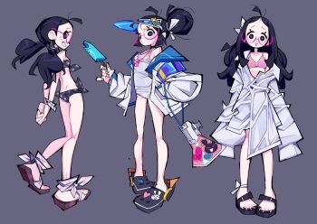 1girl 87kt bikini black_eyes black_hair braces breasts cosplay crocs double_bun food fubuki_(blue_archive) fubuki_(blue_archive)_(cosplay) glasses grey_background hair_bun hana_(87kt) hanako_(blue_archive) hanako_(blue_archive)_(cosplay) highres koharu_(blue_archive) koharu_(blue_archive)_(cosplay) long_hair low_twintails multiple_persona one-piece_swimsuit original oversized_clothes oversized_shirt popsicle shirt simple_background small_breasts swimsuit twintails visor_cap