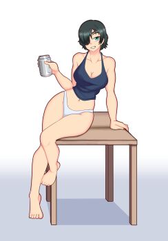 1girl absurdres arm_support barefoot black_hair black_shirt breasts can chainsaw_man cleavage collarbone eyepatch feet female_focus green_eyes grin hair_over_one_eye highleg highleg_panties highres himeno_(chainsaw_man) holding holding_can looking_at_viewer navel no_pants on_table orangemint4444 panties shirt short_hair sitting sleeveless sleeveless_shirt smile solo table tank_top teeth thighs toes underwear white_panties wooden_table
