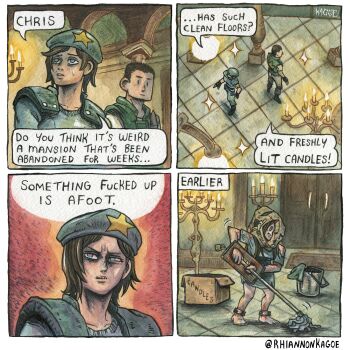 1boy 2girls absurdres artist_name beret blue_eyes blue_hat blue_shirt bucket candlestand chris_redfield commentary english_commentary hat highres jill_valentine lisa_trevor mop mopping multiple_girls resident_evil resident_evil_1 rhiannon_kagoe shirt shoulder_pads sparkle speech_bubble sweatdrop