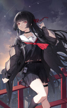 1girl absurdres arm_cutout azema black_choker black_hair black_jacket black_serafuku black_shirt black_skirt chisa_(wuthering_waves) choker closed_mouth clothing_cutout collarbone commentary hair_ribbon hand_up highres jacket long_hair long_sleeves looking_at_viewer neckerchief outdoors red_eyes red_neckerchief red_ribbon ribbon sailor_collar school_uniform serafuku shirt skirt solo thigh_strap thighs white_sailor_collar wind wuthering_waves