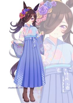 1girl animal_ears blue_hakama blue_kimono blush boots brown_boots brown_hair commentary_request flipped_hair floral_print floral_print_kimono flower hair_flower hair_ornament hair_over_one_eye hakama hakama_skirt highres hokuyukis horse_ears horse_girl horse_tail japanese_clothes kimono long_hair long_sleeves open_mouth ponytail print_kimono purple_eyes rice_shower_(umamusume) rose skirt smile tail umamusume wide_sleeves zoom_layer