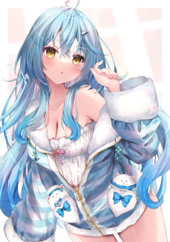 1girl absurdres ahoge aqua_jacket bare_shoulders blue_hair blush breasts camisole cleavage collarbone commentary_request daifuku_(yukihana_lamy) elf fluffy_clothes fur-trimmed_jacket fur-trimmed_sleeves fur_trim hair_between_eyes hair_ornament heart heart_ahoge highres hololive jacket kurana large_breasts long_hair looking_at_viewer official_alternate_costume official_alternate_hairstyle parted_lips partially_unzipped pointy_ears polka_dot polka_dot_camisole skirt sleepwear sleeves_past_fingers sleeves_past_wrists solo thighs very_long_hair virtual_youtuber white_camisole white_skirt yellow_eyes yukihana_lamy yukihana_lamy_(roomwear) yukimin_(yukihana_lamy)