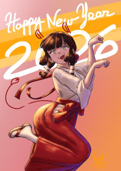 Rule 34 | 1girl, 2026, absurdres, breasts, brown hair, commentary, english commentary, green eyes, hair ribbon, hakama, happy new year, highres, japanese clothes, kantai collection, kimono, long hair, looking at viewer, mogador (kancolle), mogador (miko) (kancolle), new year, official alternate costume, official alternate hairstyle, open mouth, red hakama, ribbon, ron (pixiv83091338), sidelocks, small breasts, twintails, white kimono