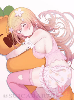 1girl absurdres arm_ribbon blonde_hair bloomers blush breasts camisole character_pillow character_print closed_eyes commentary_request dakimakura_(object) drop_shadow flower from_side gradient_background hair_down hair_flower hair_ornament hair_spread_out highres hololive hugging_object large_breasts long_hair momosuzu_nene nekko_(momosuzu_nene) pillow pillow_hug pink_camisole pink_thighhighs print_bloomers ribbon shoulder_blush sideboob simple_background sleeping sleepwear smile solo suicabar72 thighhighs underwear virtual_youtuber white_background white_bloomers