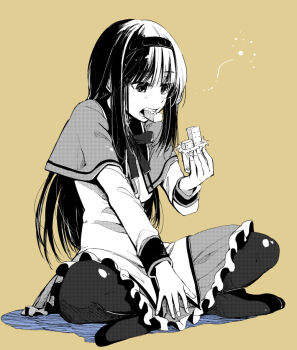 1girl akemi_homura bonkara_(sokuseki_maou) caloriemate capelet commentary_request eating food frills greyscale greyscale_with_colored_background hair_between_eyes hairband holding holding_food long_hair long_sleeves magical_girl mahou_shoujo_madoka_magica monochrome pantyhose sidelocks simple_background sitting solo