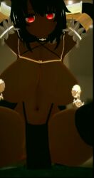 1girl 3d animal_ears animated arm_warmers arms_behind_head arms_up bastet bastet_(mythology) black_hair bouncing_breasts breasts cat_ears clothes_lift dark-skinned_female dark_skin swaying_hip large_breasts looking_at_viewer maebari nipple_tassels pasties pelvic_curtain pelvic_curtain_lift red_eyes revealing_clothes short_hair sitting stubbystubby tagme thick_thighs thighhighs thighs topless_female video vrchat