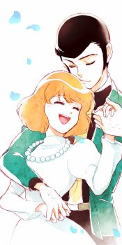 1boy 1girl arsene_lupin_iii black_hair brown_hair castle_of_cagliostro clarisse_de_cagliostro closed_eyes couple green_jacket hetero jacket jewelry long_hair lupin_iii necklace necktie short_hair sideburns smile tsuntsun_(tuuuuuuntun) yellow_necktie