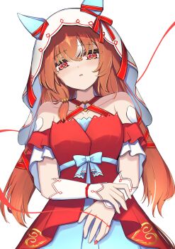 1girl absurdres animal_ears bare_shoulders breasts brown_hair collarbone commentary_request detached_sleeves dress ear_covers highres horse_ears horse_girl long_hair looking_at_viewer red_dress red_eyes simple_background small_breasts solo still_in_love_(scarlet_vow_raiment)_(umamusume) still_in_love_(umamusume) string string_of_fate umamusume upper_body veil wakaraaan white_background white_veil
