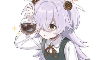 1girl bags_under_eyes black_dress blue_archive brown_eyes brown_halo brown_ribbon buttons closed_mouth collared_shirt crossed_bangs diagonal-striped_ribbon double-breasted dress flask grey_hair hair_bobbles hair_ornament hair_over_one_eye halo hand_up holding holding_flask kanoe_(blue_archive) liquid long_bangs long_hair long_sleeves looking_at_object mojyo neck_ribbon nprmtp one_eye_covered pinafore_dress ribbon round-bottom_flask scar scar_on_neck shirt simple_background sleeveless sleeveless_dress solo sparkle two_side_up upper_body very_long_hair white_background white_shirt