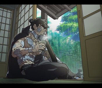 1boy black_hair black_pants bruise closed_mouth commentary cup cyp1a2 doudanuki_masakuni gauze highres indoors injury looking_outside male_focus muscular muscular_male pants rain short_hair sitting sliding_doors solo stone_lantern symbol-only_commentary touken_ranbu yunomi