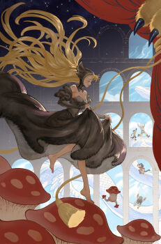 2girls 3boys absurdres barefoot black_dress blonde_hair breasts chilchuck_tims closed_eyes commentary_request curtains detached_sleeves dress dungeon_meshi fatlulu_(1008) floating_hair highres izutsumi laios_touden long_hair marcille_donato marcille_donato_(lord) medium_breasts multiple_boys multiple_girls senshi_(dungeon_meshi) skirt_hold smile strapless strapless_dress walking_mushroom_(dungeon_meshi) wimple