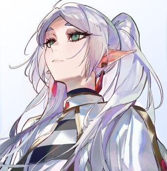 1girl absurdres capelet commentary earrings elf english_commentary expressionless frieren gold_trim green_eyes grey_hair hair_over_shoulder highres jewelry kanniiepan long_pointy_ears looking_up meme parted_bangs pointy_ears shirt simple_background solo sousou_no_frieren striped_clothes striped_shirt teardrop_earrings twintails upper_body upward_angle_frieren_drawing_(meme) white_background white_capelet