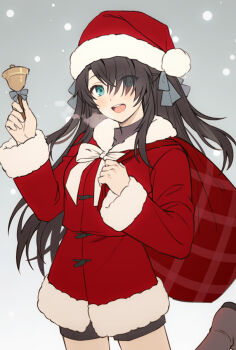 1boy bell black_boots black_hair black_shorts blue_eyes boots breast_padding chinese_commentary chocomirukuaji coat commentary_request eyes_visible_through_hair fate/grand_order fate_(series) fujimaru_ritsuka_(male) hat holding holding_bell long_hair male_focus open_mouth red_coat santa_costume santa_hat shinjuku_(fate/grand_order) short_shorts shorts smile snowing solo standing standing_on_one_leg trap two_side_up