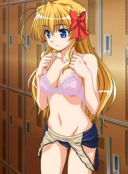 Rule 34 | 1girl, anime screenshot, blonde hair, blue eyes, bra, breasts, changing clothes, cleavage, clothes pull, fortune arterial, hair ribbon, highres, large breasts, locker, locker room, long hair, navel, one-piece swimsuit, one-piece swimsuit pull, open bra, pink bra, pulling own clothes, ribbon, sendou erika, smile, solo, stitched, swimsuit, third-party edit, underwear
