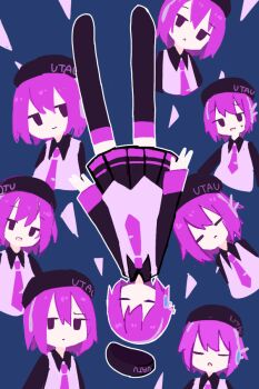 :o beret black_boots black_hat black_shirt black_skirt blue_background boots closed_eyes collared_shirt commentary_request contrast_collar cropped_torso full_body furrowed_brow hat hat_writing head_tilt headset jitome long_sleeves multiple_views necktie no_mouth one-hour_drawing_challenge open_mouth outline pleated_skirt purple_hair purple_necktie purple_shirt robot_ears shirt short_hair skirt smile sweatdrop tanuzaka thigh_boots tie_clip two-tone_shirt unworn_headwear upside-down utane_uta utau white_outline