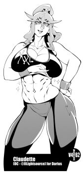 1girl abs breasts burustandin cleavage clothes_lift commentary contrapposto earrings english_commentary hair_between_eyes hand_on_own_hip highres huge_breasts jewelry navel open_mouth original pants ponytail signature smile solo sparkle sports_bra sports_bra_lift wristband yoga_pants