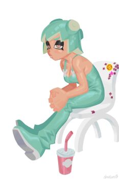 1girl alternate_species breasts brown_eyes chair cleavage commentary cup disposable_cup drinking_straw english_commentary foo_fighters_(jojo) green_hair green_overalls half-closed_eyes highres interlocked_fingers jojo_no_kimyou_na_bouken kiss_(stand) medium_breasts namnums octoling on_chair overalls own_hands_together pink_pupils pout short_hair sitting solo splatoonification star_(symbol) sticker stone_ocean tentacle_hair v-shaped_eyebrows