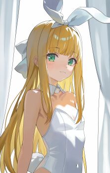 1girl :3 absurdres aqua_eyes bare_shoulders blonde_hair bow breasts closed_mouth commentary_request covered_navel detached_collar fake_tail hair_bow hair_ribbon highres leotard long_hair looking_at_viewer mononobe_alice nijisanji playboy_bunny rabbit_tail ribbon sidelocks small_breasts smile solo strapless strapless_leotard tail tillots upper_body virtual_youtuber white_leotard