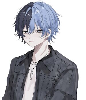 1boy aoyagi_touya blue_hair closed_mouth commentary_request dot_nose grey_eyes grey_jacket hair_between_eyes highres jacket jewelry looking_at_viewer male_focus messy_hair mole mole_under_eye multicolored_hair necklace noa_419 official_alternate_costume official_alternate_hairstyle open_clothes open_jacket project_sekai shirt short_hair sidelocks simple_background solo split-color_hair t-shirt upper_body white_background white_shirt zozotown