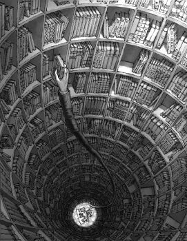 Rule 34 | 1boy, absurdly detailed composition, absurdres, arm up, book, bookshelf, desk, extendable limbs, foreshortening, from above, greyscale, hat, highres, holding, holding book, indoors, kamikairo, long sleeves, monochrome, original, reaching, tile floor, tiles, very wide shot