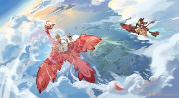 3girls absurdres artist_name asymmetrical_pants bare_shoulders black_hat black_pants blonde_hair blue_eyes boots chasca_(genshin_impact) cloud commentary_request cowboy_hat dated dress elf flying from_behind full_body genshin_impact halo hand_on_own_knee hat highres long_hair lumine_(genshin_impact) muguachahaohe multiple_girls paimon_(genshin_impact) pants pointy_ears qucusaurus_(genshin_impact) red_hair riding rocket scarf short_hair_with_long_locks thigh_boots white_boots white_dress white_hair