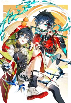 2boys ahoge alternate_costume androgynous aqua_eyes arm_ribbon bead_bracelet beads beak bird bird_wings black_gloves black_hair black_leg_warmers black_shirt black_shoes black_shorts black_thighhighs blue_eyes blue_hair border bracelet braid bright_pupils closed_mouth feathered_wings feet_out_of_frame fingerless_gloves fingernails fish fish_hair_ornament floating_hair flute flying full_body garter_belt genshin_impact gloves gold_trim gradient_hair green_jacket hair_between_eyes hair_ornament hands_up holding holding_flute holding_instrument hood hooded_jacket instrument jacket jewelry leg_ribbon leg_warmers long_sleeves looking_at_viewer magicrabbit49586 male_focus mandarin_collar multicolored_hair multiple_boys music nameless_bard_(genshin_impact) open_clothes open_jacket open_mouth orange_background outside_border playing_flute playing_instrument puffy_long_sleeves puffy_sleeves red_hair red_jacket red_shirt ribbon scarf shirt shoes short_hair shorts single_leg_warmer single_thighhigh sitting smile socks streaked_hair tassel teeth thighhighs tongue twin_braids two-sided_fabric two-sided_jacket two-tone_shirt venti_(genshin_impact) water waves white_border white_pupils white_scarf white_shirt white_shoes white_shorts white_socks wide_sleeves wings yellow_ribbon